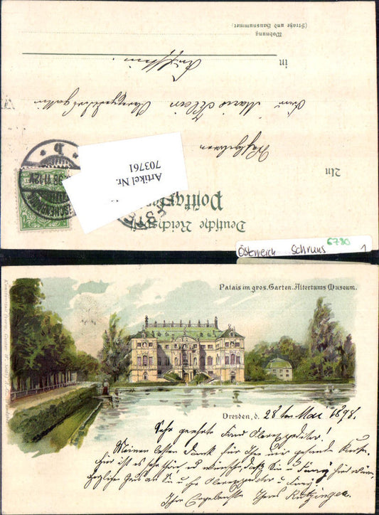 703761 Lithographie Gruss aus Dresden palais im gr. Garten Altertums Museum
