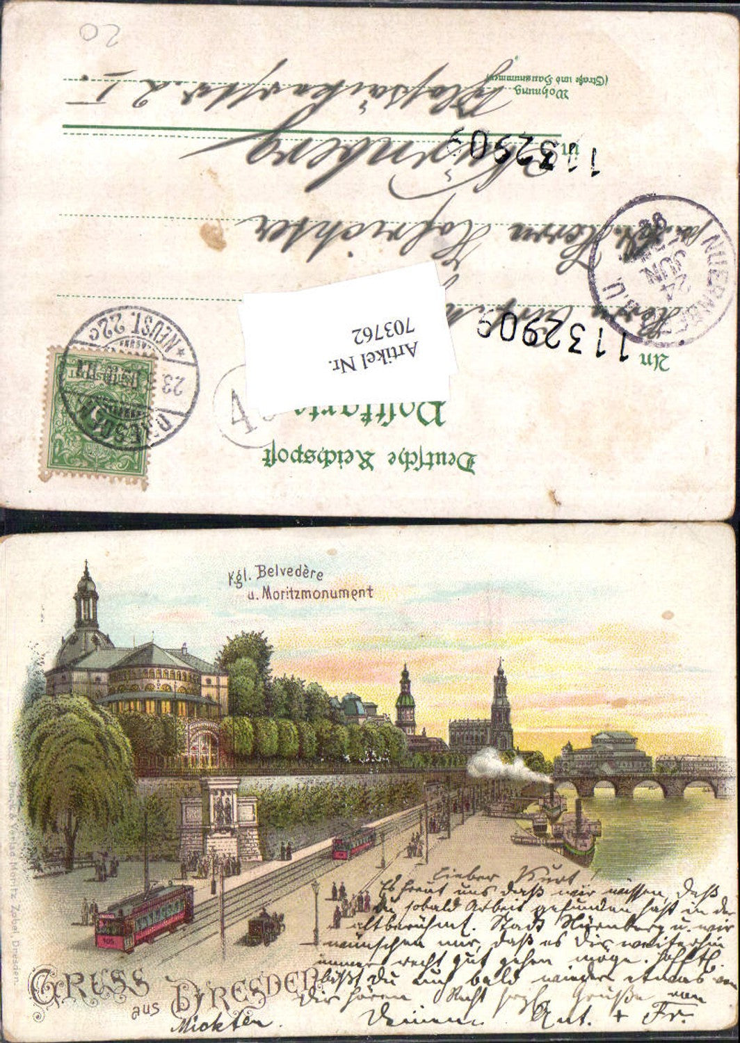 703762 Lithographie Gruss aus Dresden Kgl. Belvedere Moritzmonument Straßenbahn