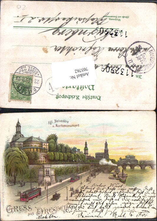 703762 Lithographie Gruss aus Dresden Kgl. Belvedere Moritzmonument Straßenbahn