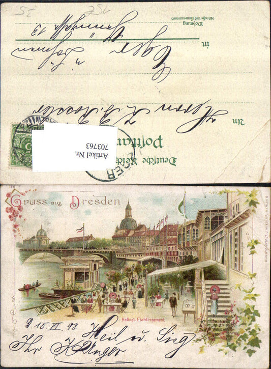 703763 Lithographie Gruss aus Dresden Helbigs Etablissement 1898