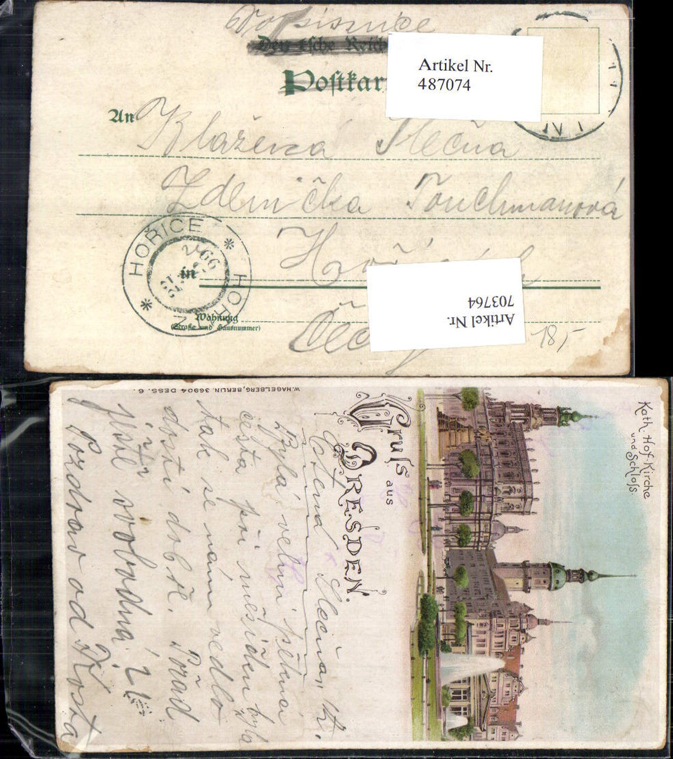 703764 Lithographie Gruss aus Dresden Kath. Hof Kirche Schloß