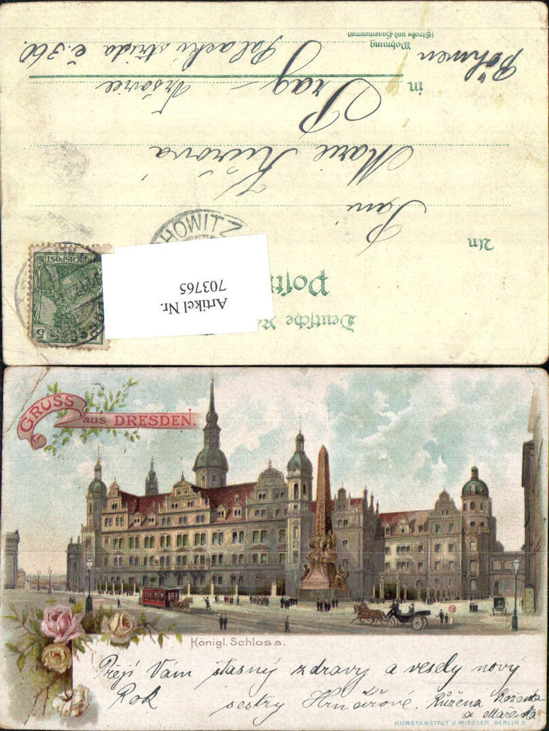 Lithographie Dresden König. Schloß Pferdetram Tramway Tram pub J. Miesler 157