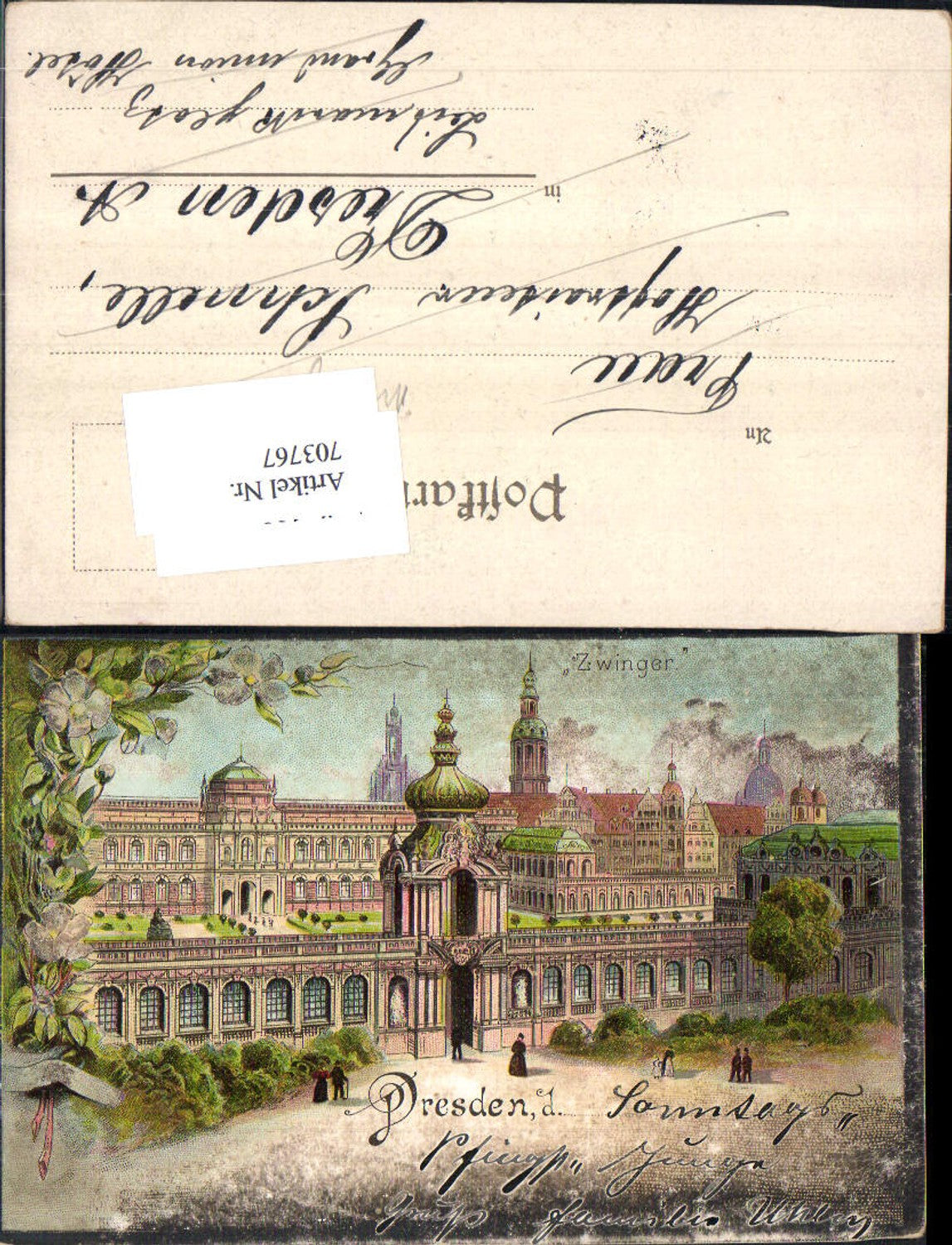 703767 Lithographie Gruss aus Dresden Zwinger Schloss