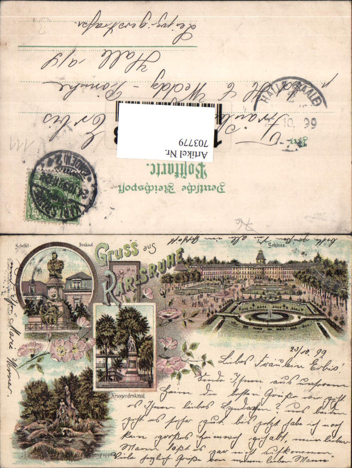 703779 Lithographie Gruss aus Karlsruhe Schloss Scheffel Denkmal pub Rosenblatt