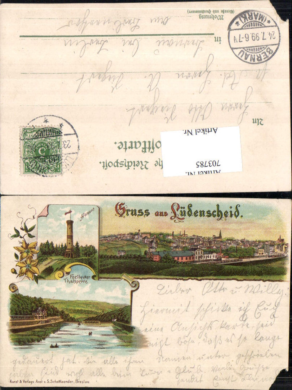 703785 Lithographie Gruss aus Lüdenscheid Homert Thalsperre Stp. Bernau Mark