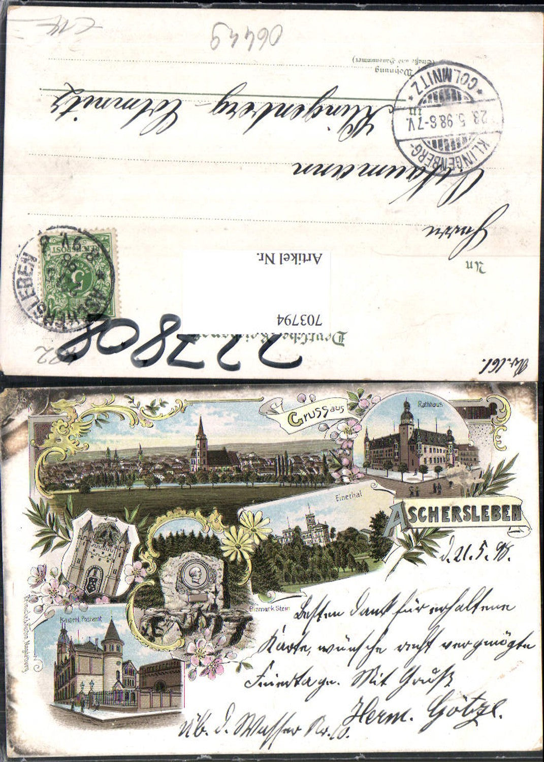 Lithographie Gruss aus Aschersleben Einethal Rathaus Stp. Klingenberg Colmnitz