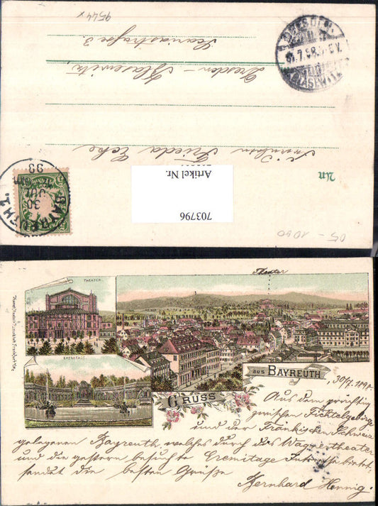703796 Lithographie Gruss aus Bayreuth Theater Eremitage pub Rosenblatt