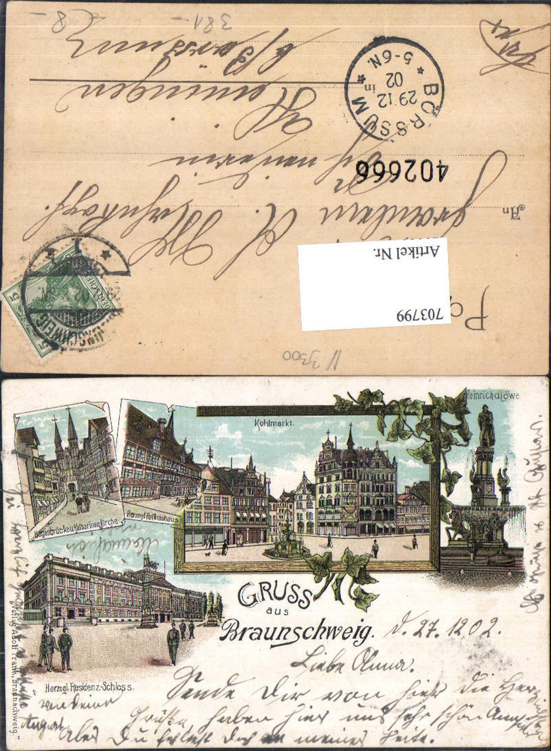 Lithographie Gruss aus Braunschweig Kohlmarkt Stp. Heiningen Börssum Oderwald