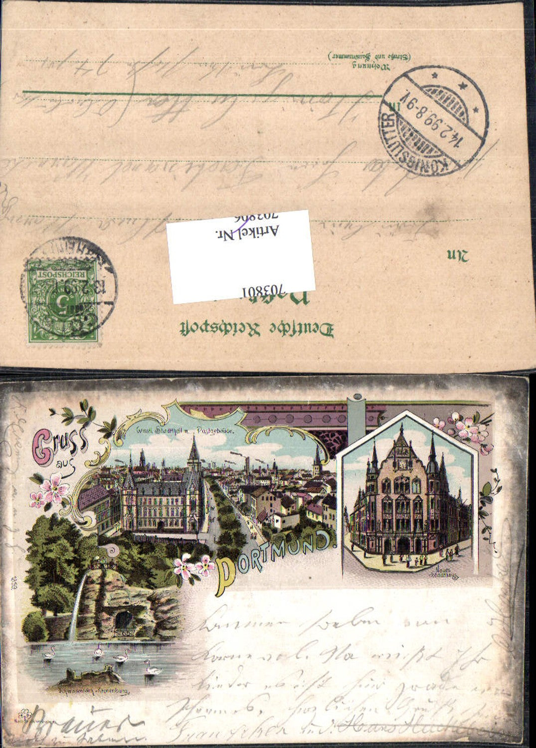 703801 Lithographie Gruss aus Dortmund Stadthaus Postamt Stp. Königslutter