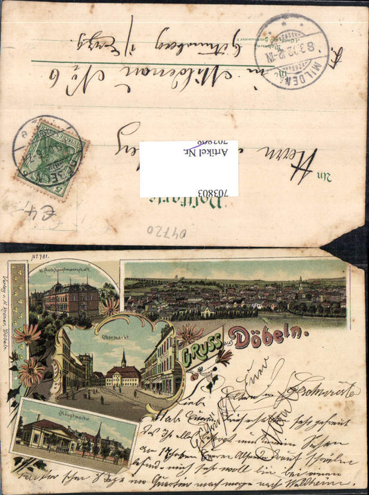 703803 Lithographie Gruss aus Döbeln Obermarkt Amtshauptmannschaft Stp. Mildenau
