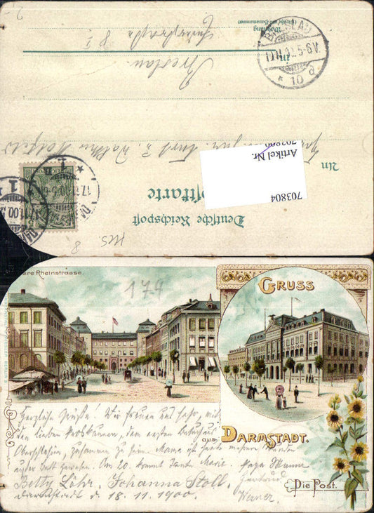 703804 Lithographie Gruss aus Darmstadt Postamt Post Rheinstrasse Stp. Breslau