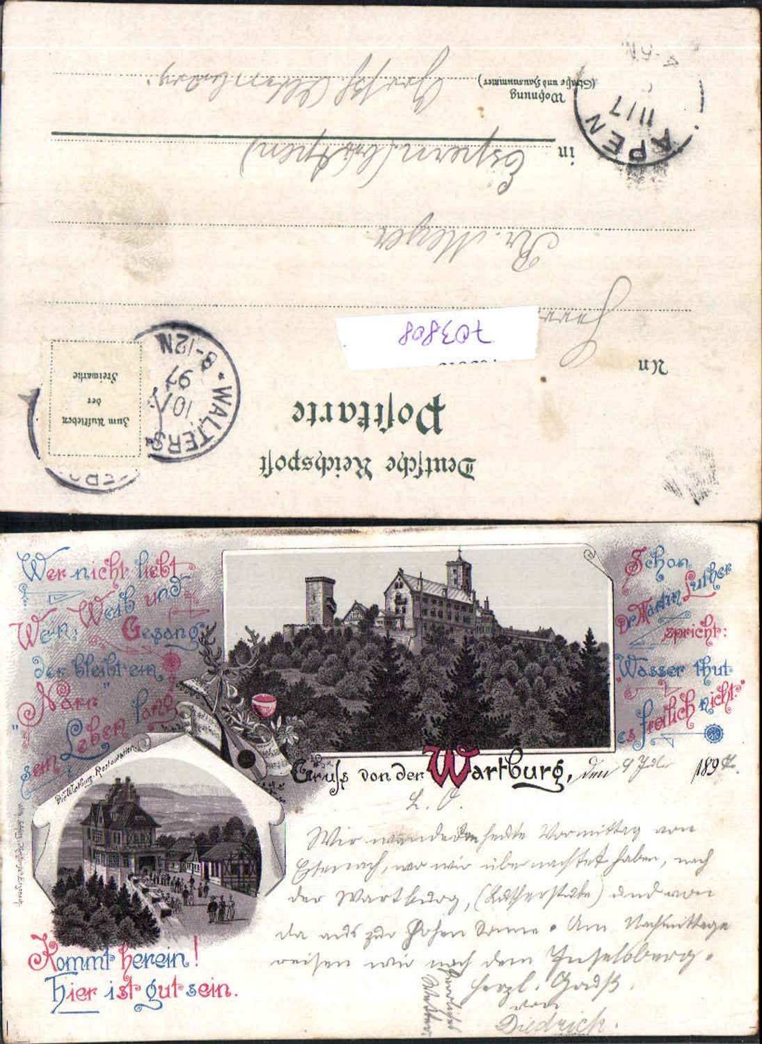 703808 Lithograph Greetings from Wartburg Eisenach 1897 Stp. Espern Apen