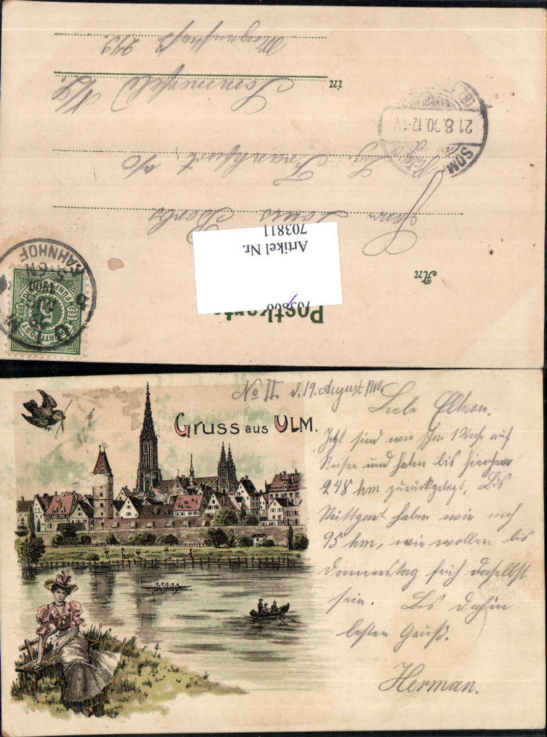 703811 Lithographie Gruss aus Ulm Tracht Frau Stp. Sommerfeld