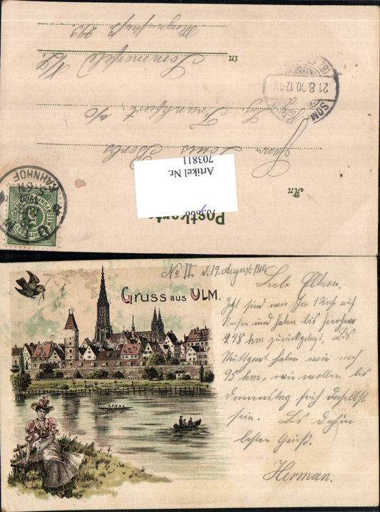 703811 Lithograph Greetings from Ulm Traditional Costume Woman Stp. Sommerfeld