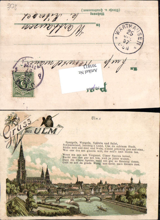 703813 Lithograph Greetings from Ulm Saying Stp. Warthausen Biberach 1897