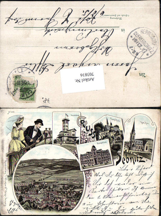703816 Lithographie Gruss aus Sebnitz Sachsen Kirche pub Winkler & Voigt 498