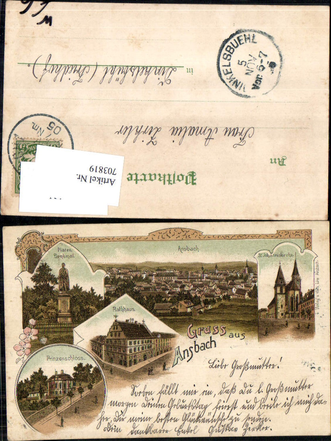703819 Lithographie Gruss aus Ansbach Johanniskirche pub Max Löw Stp. Dinkelsbühl Friedhof
