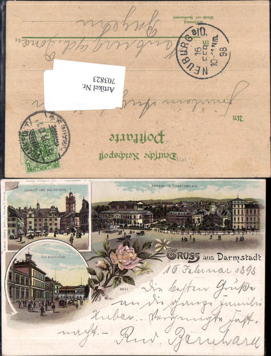 Lithographie Gruss aus Darmstadt Parade Theaterplatz Markt Rathaus Stp. Neuburg a.d. Donau