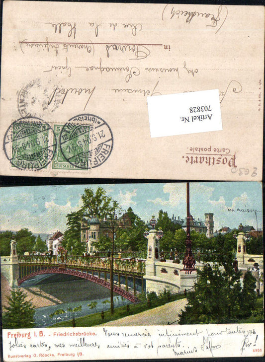 703828 Lithograph Freiburg im Breisgau Friedrichsbrücke Bridge pub G. Röbcke