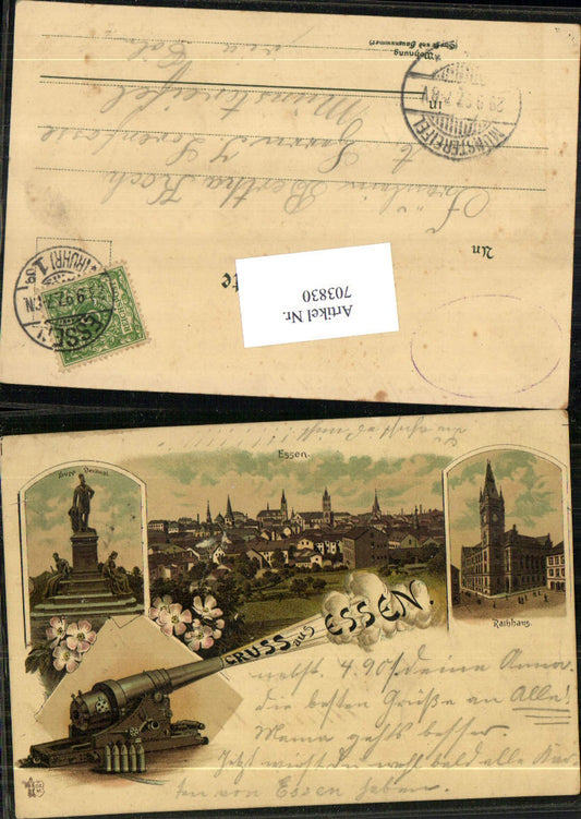 703830 Lithographie Gruss aus Essen Kanone Rathaus pub Zieher Stp. Münstereifel