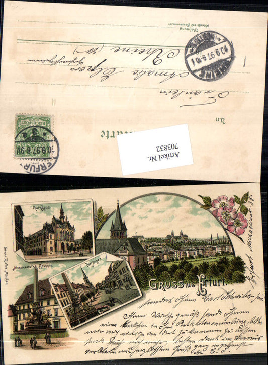 Lithograph Greetings from Erfurt Anger Town Hall Fountain pub Ottmar Zieher Stp. Rheine