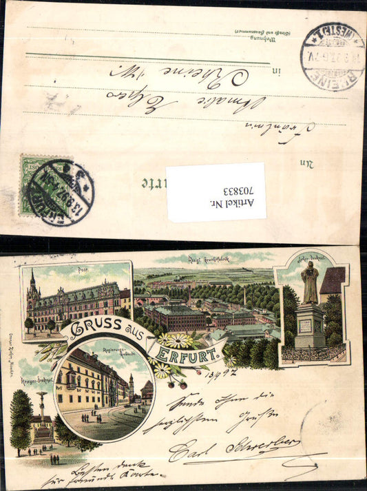 Lithograph Greetings from Erfurt Post Luther Monument pub Ottmar Zieher Stp. Rheine