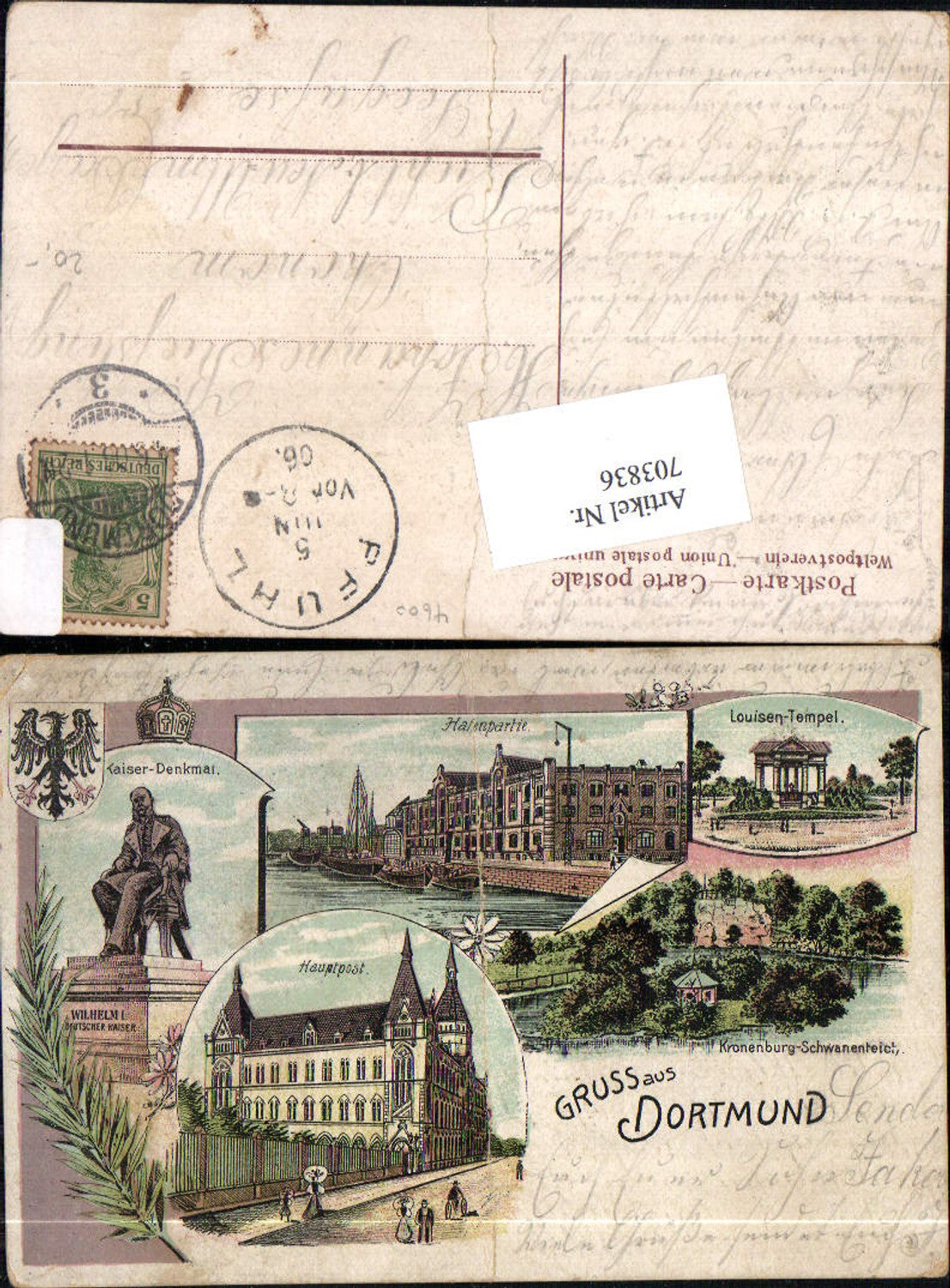 703836 Lithographie Gruss aus Dortmund Louisen Tempel Post