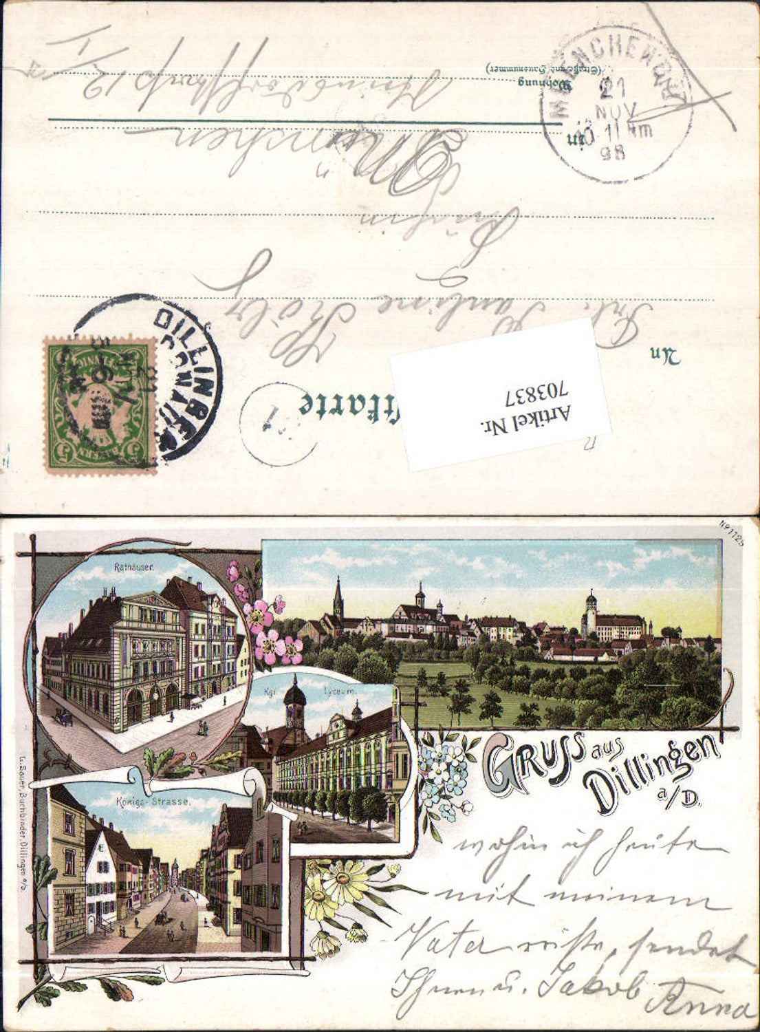 703837 Lithographie Gruss aus Dillingen an der Donau Rathäuser Königsstraße