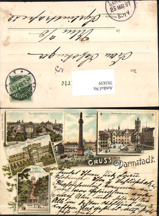 703839 Lithographie Gruss aus Darmstadt Marktplatz Ludwigshöhe pub Zieher Ottmar