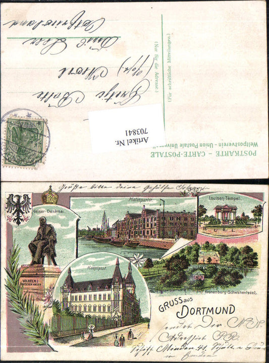 Lithographie Gruss aus Dortmund Kaiser Denkmal Kronenburg Post gel Wesel Leer Ostfriesland