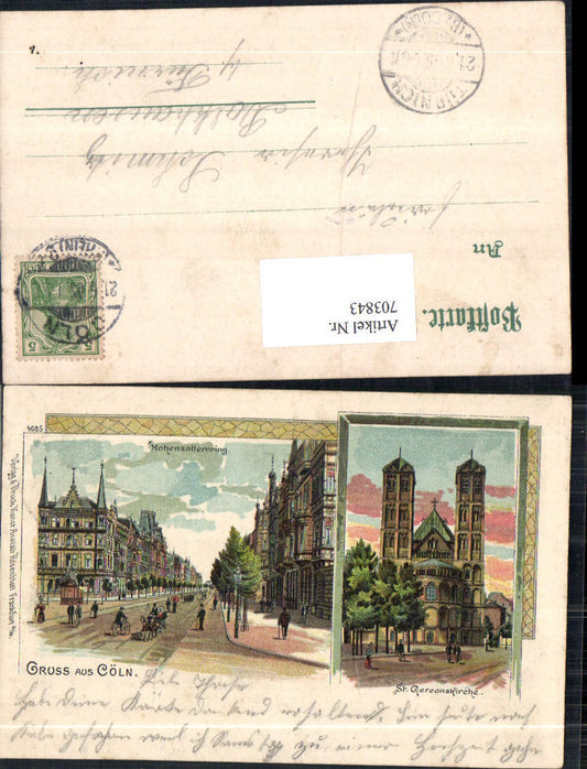 Künstler Lithographie Gruss aus Cöln Köln Gereonskirche pub Rosenblatt 4685