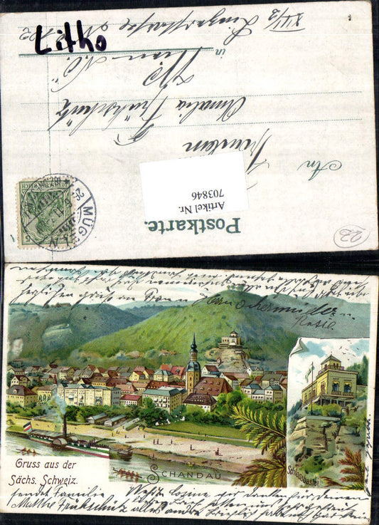 Künstler Lithographie Gruss aus Sächsischen Schweiz Schandau Bastei Dampfer