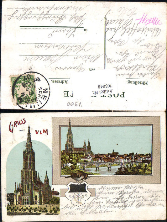 703848 Lithograph Greetings from Ulm Coat of Arms