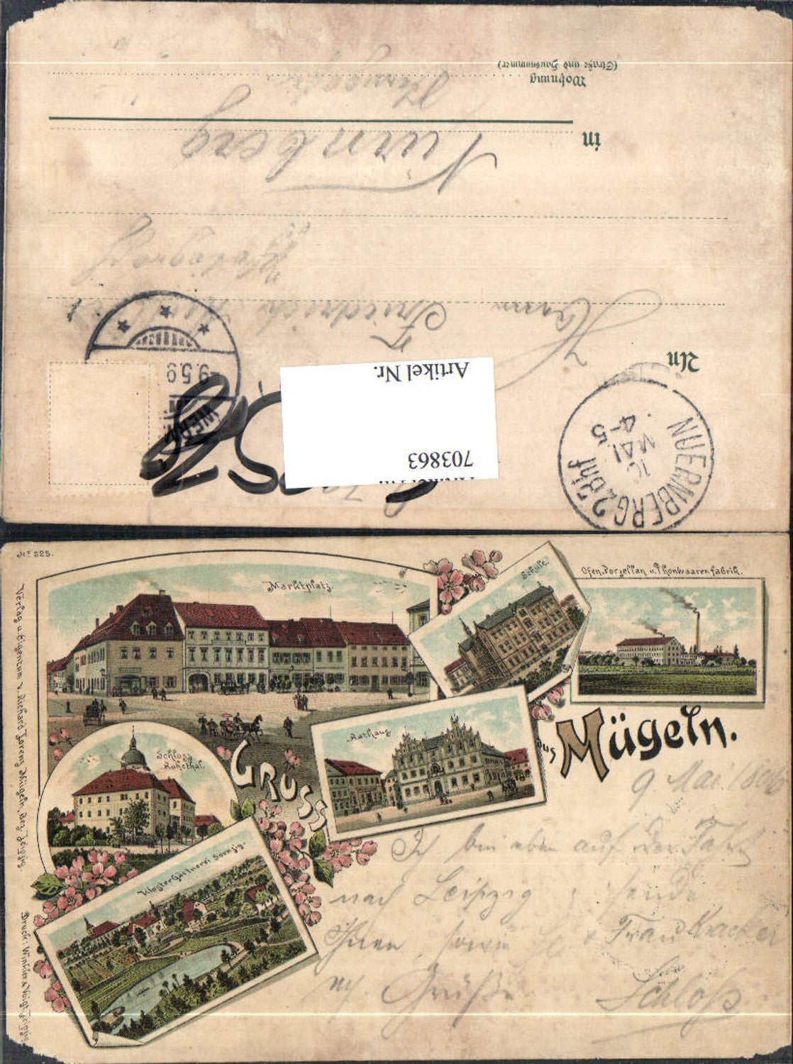 703863 Lithographie Gruss aus Mügeln Rathaus Marktplatz Fabrik pub Winkler & Voigt