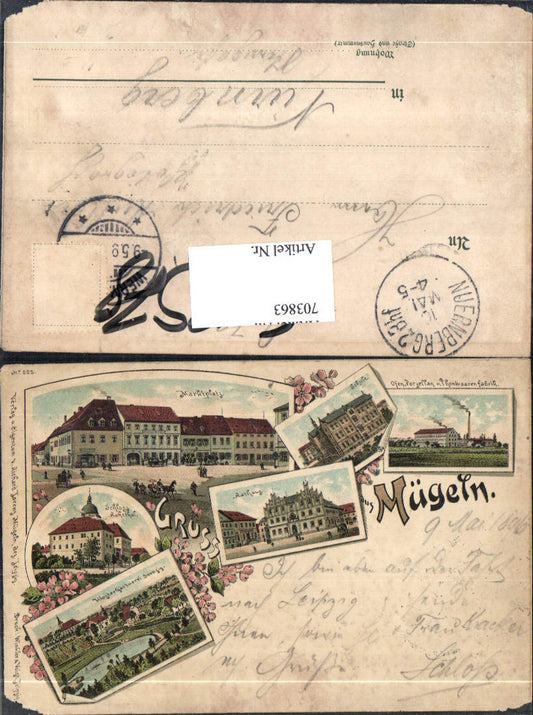 703863 Lithographie Gruss aus Mügeln Rathaus Marktplatz Fabrik pub Winkler & Voigt