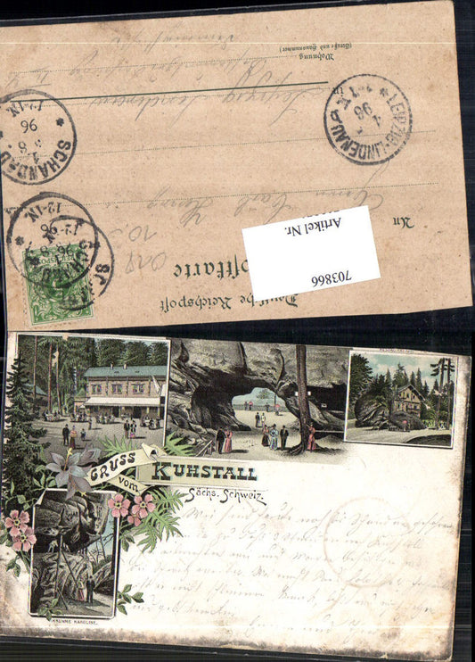 703866 Lithographie Gruss vom Kuhstall Sächsische Schweiz Schandau