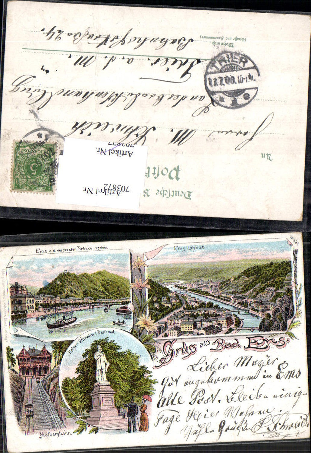 Lithographie Bad Ems Malberbahn Kaiser Wilhelm Denkmal pub Mehner & Maas 434