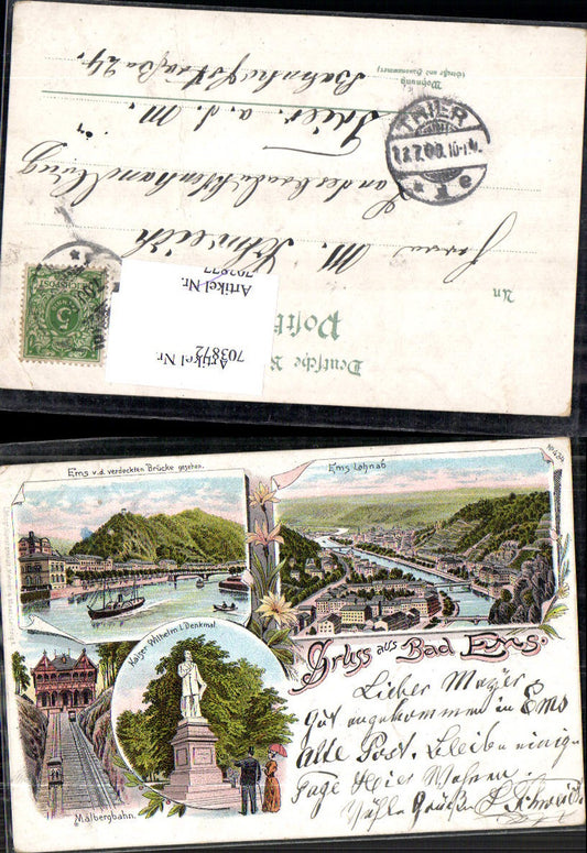 Lithographie Bad Ems Malberbahn Kaiser Wilhelm Denkmal pub Mehner & Maas 434