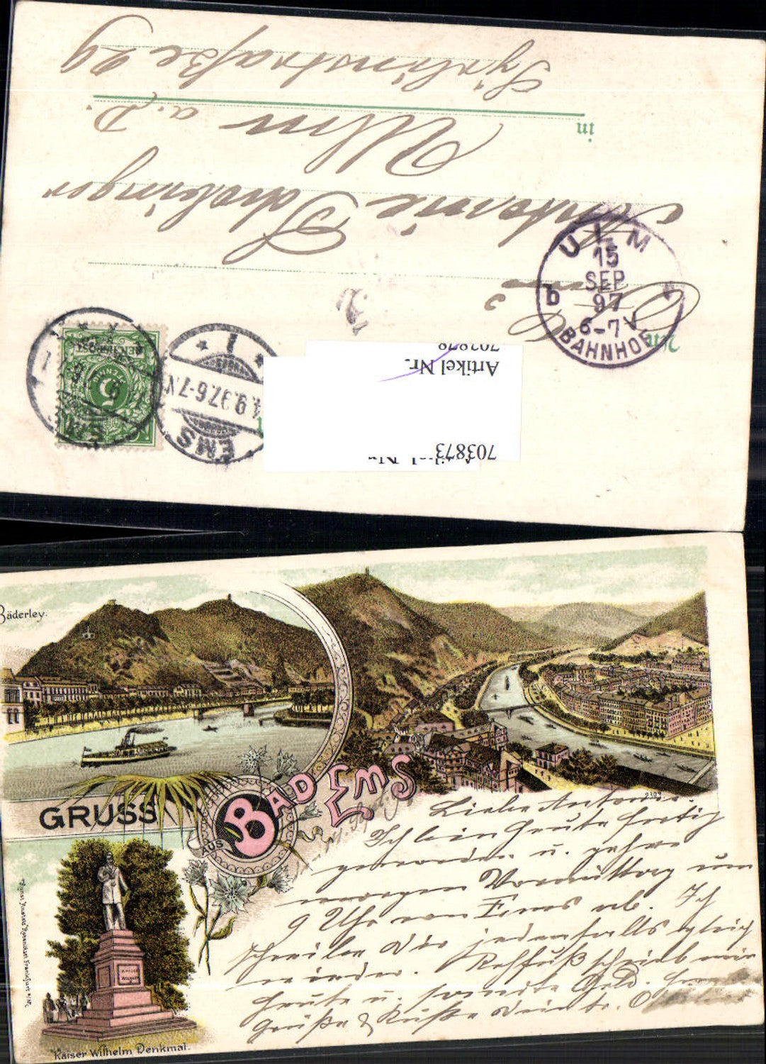 703873 Lithographie Gruss aus Bad Ems Bäderley pub Rosenblatt