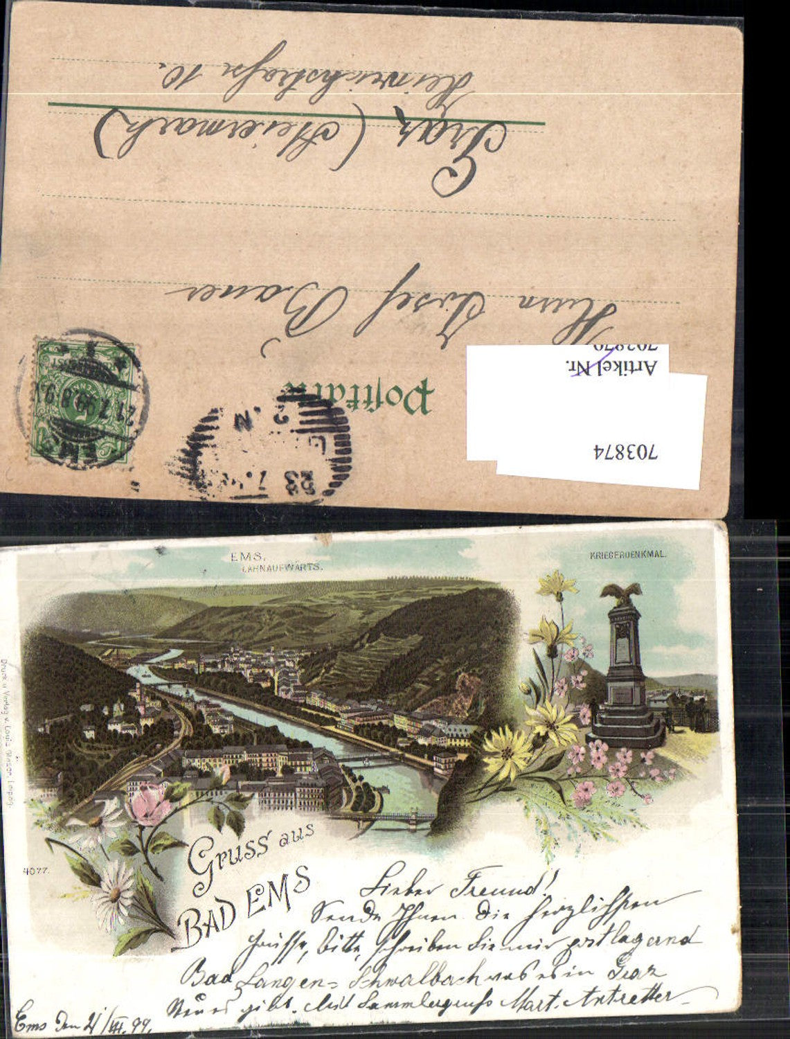 703874 Lithographie Gruss aus Bad Ems Kriegerdenkmal pub Louis Glaser 4077