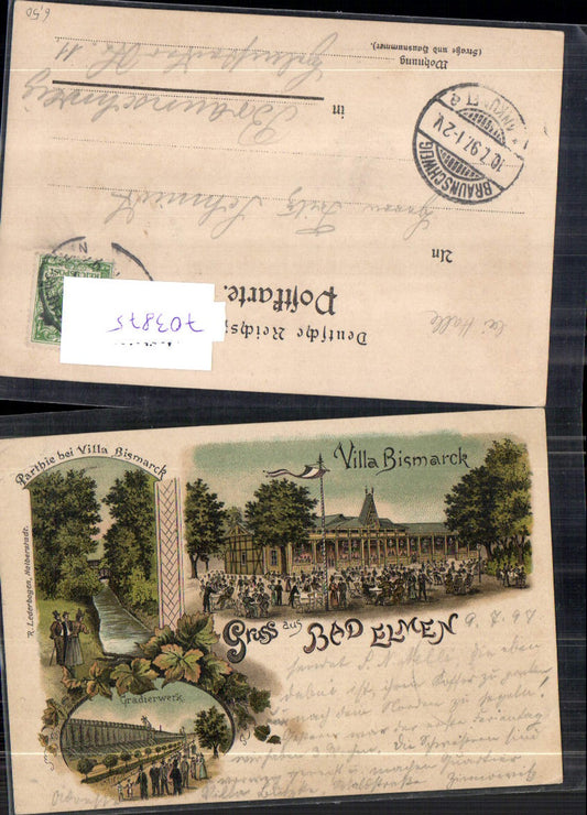Lithographie Gruss aus Bad Elmen Schönebeck Elbe Villa Bismarck Gradierwerk pub Lederbogen