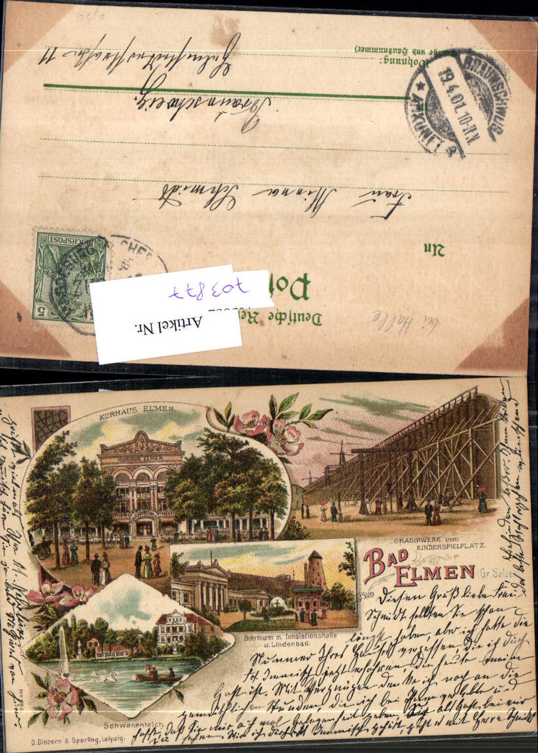 703877 Lithographie Gruss aus Bad Elmen Schönebeck Lindenbad Kurhaus Teich