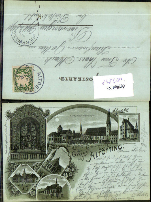 703878 Lithographie Gruss aus Altötting Hauptplatz pub Franz Schemm