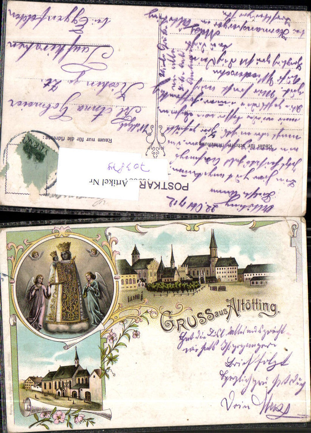 Lithographie Gruss aus Altötting Gnadenmutter gel Taufkirchen Falkenberg Eggenfelden Rottal Inn