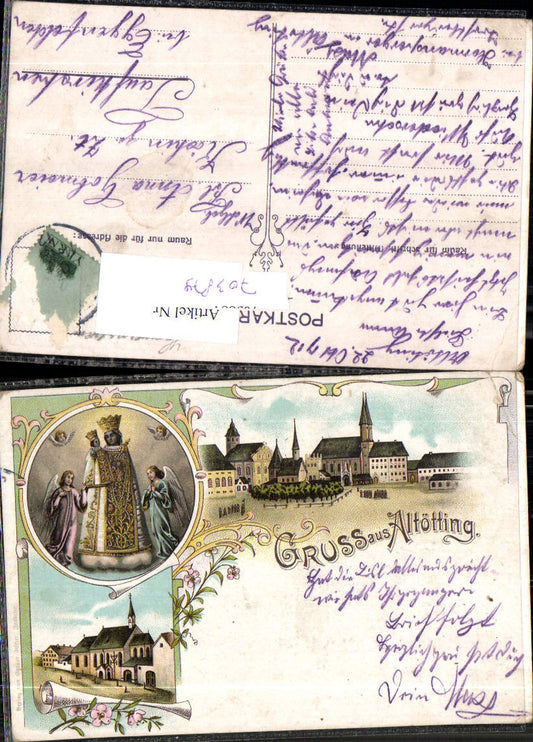 Lithographie Gruss aus Altötting Gnadenmutter gel Taufkirchen Falkenberg Eggenfelden Rottal Inn