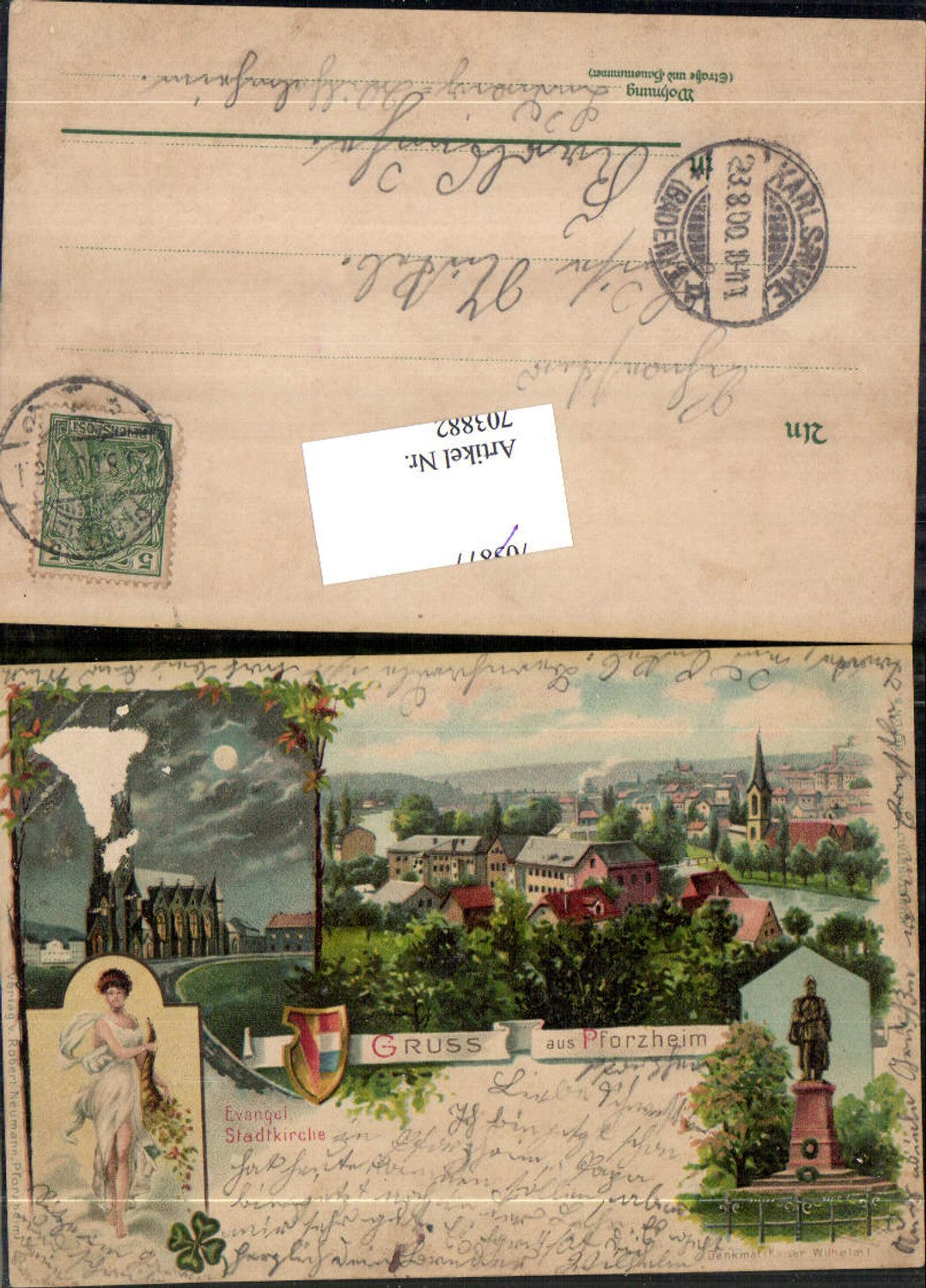 703882 Lithographie Gruss aus Pforzheim Evangelische Kirche Kaiser Wilhelm Denkmal