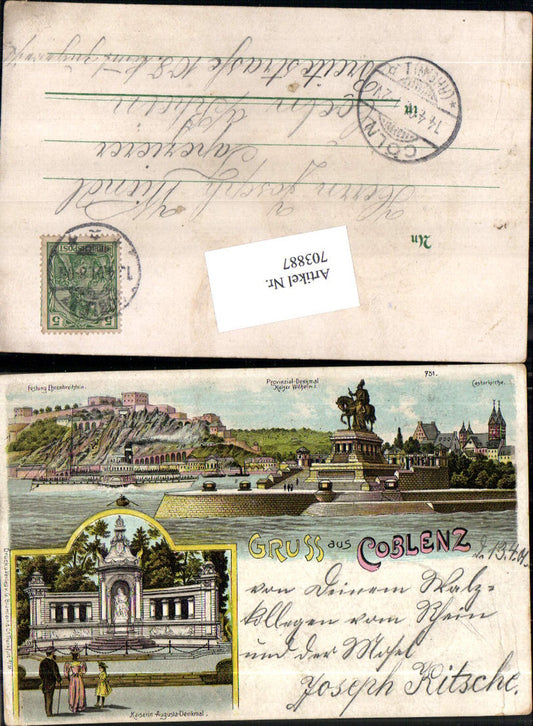 Lithographie Gruss aus Koblenz Coblenz Kaiserin Augusta Denkmal Ehrenbreitstein