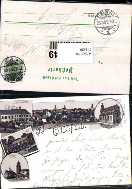 703889 Lithographie Gruss aus Coesfeld Gymnasium Rathaus Markt Stp. Elberfeld