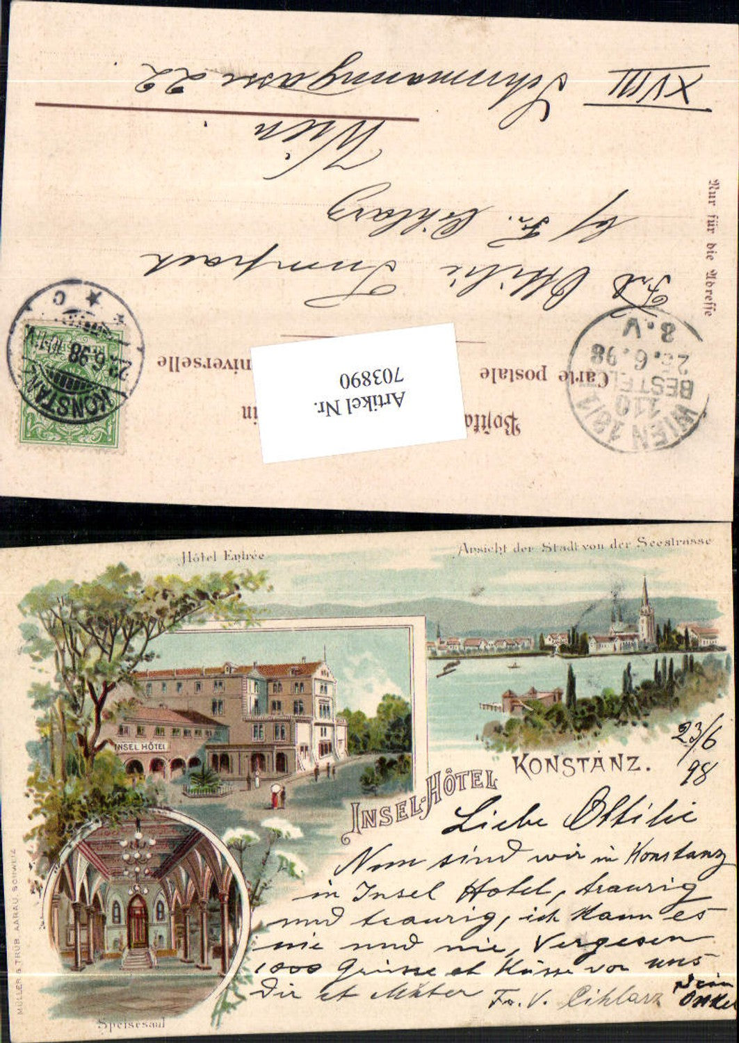 703890 Künstler Lithographie Insel-Hotel Konstanz am Bodensee pub Müller & Trüb