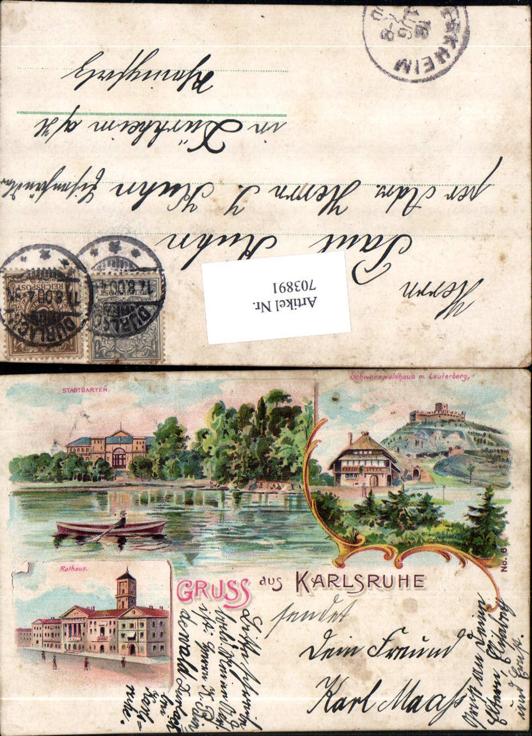 Lithographie Gruss aus Karlsruhe Stadtgarten Lauterberg Schwarzwaldhaus Rathaus Stp. Dürkheim